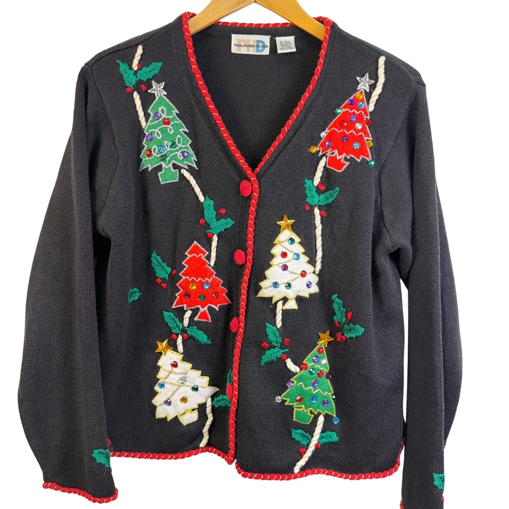 Paul Harris Christmas Sweater Cardigan Size L Embroidered